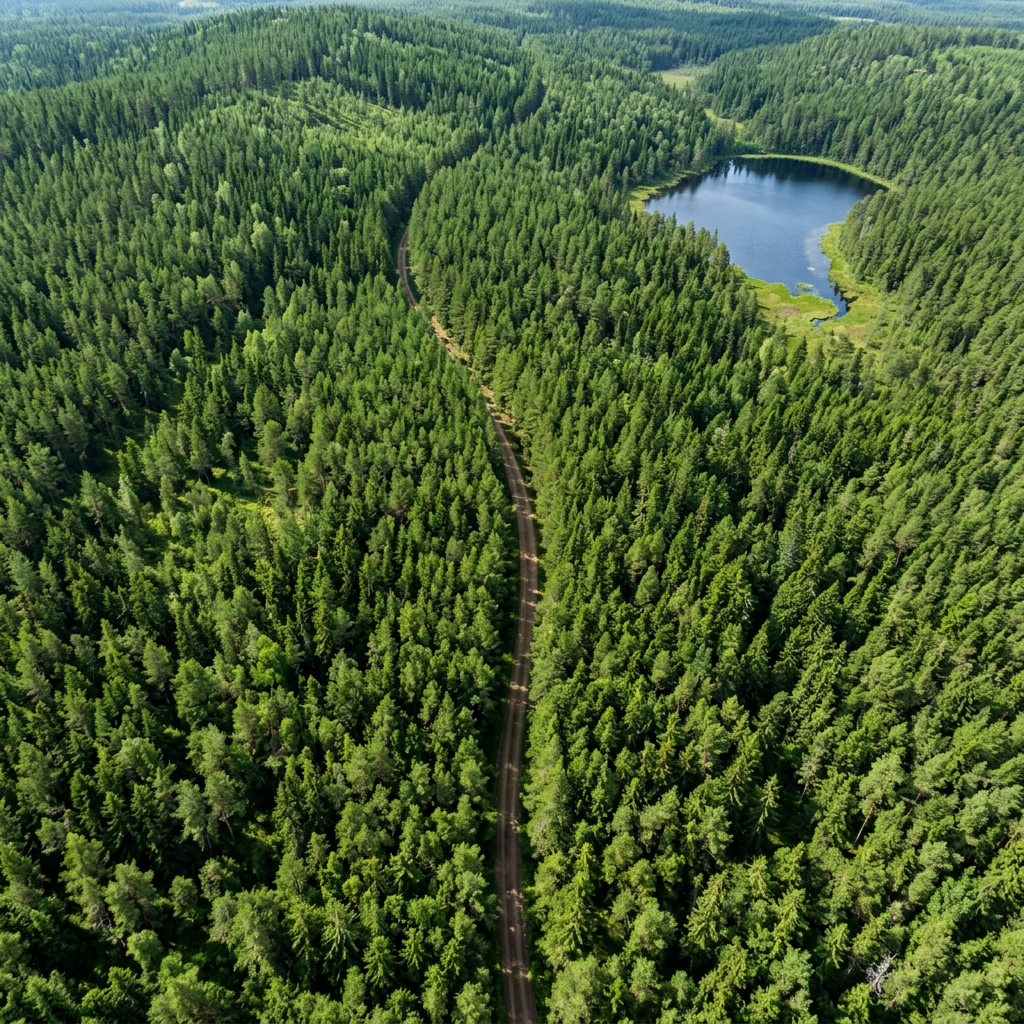 Dense forest with winding road and small lake